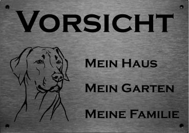 Edelstahl Warnschild Rhodesian Ridgeback VORSICHT Mein Haus mein Garten meine Familie